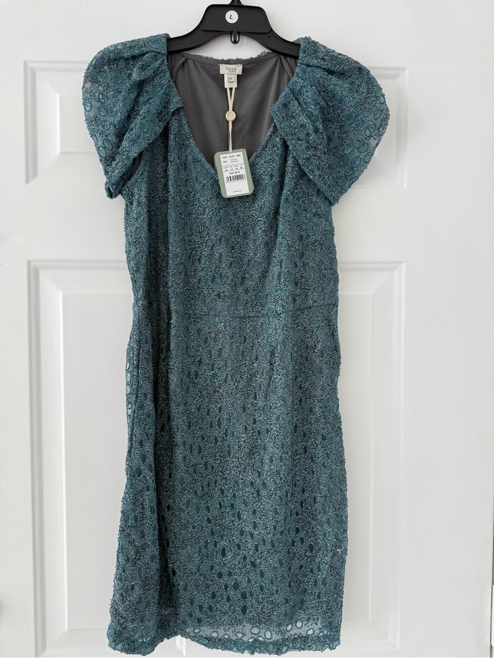 Hoss Intropia Teal Lace V-Neck Puff Sleeve Dress